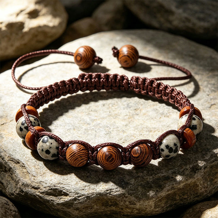 Bracelet tressé à perles Olivenorma ajustable avec nœud coulissant - Jaspe dalmatien et bois - image 3