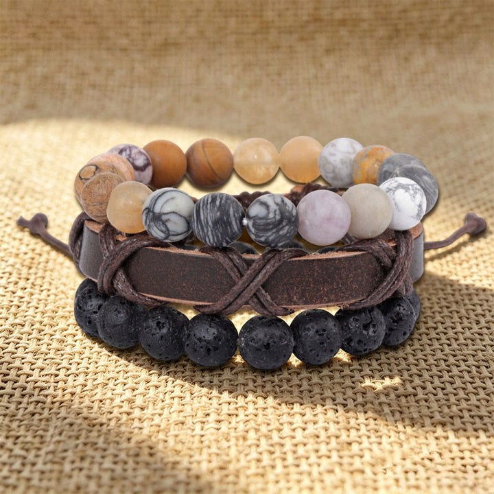 Bracelet ethnique bohème empilable multicouche Olivenorma fait main - Pierre de lave et jaspe veiné noir - image 17