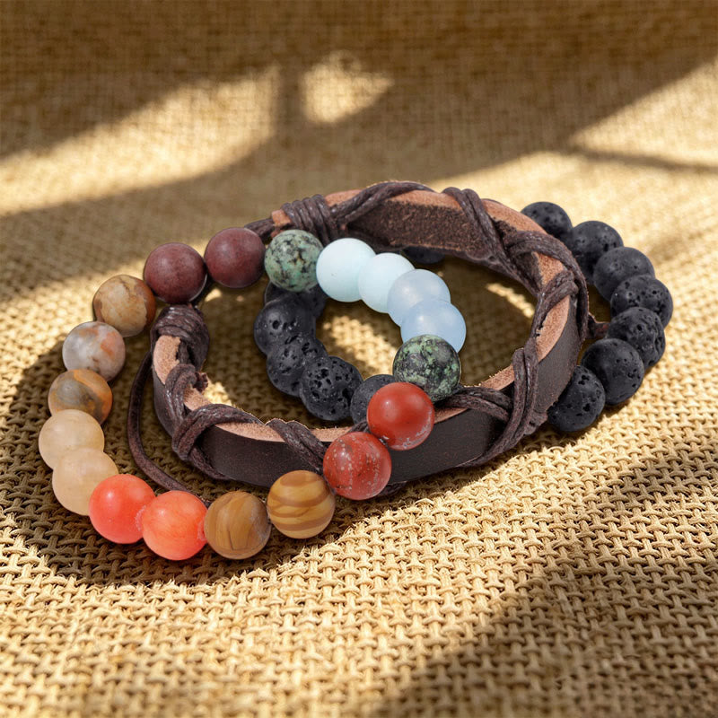 Bracelet ethnique bohème empilable multicouche Olivenorma fait main - Pierre de lave et aigue-marine - image 0