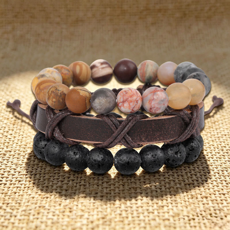 Bracelet ethnique bohème empilable multicouche Olivenorma fait main - Pierre de lave, rhodonite et jaspe paysage - image 14