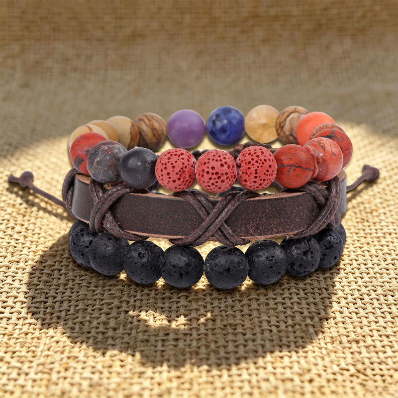 Bracelet ethnique bohème empilable multicouche Olivenorma fait main - Pierre de lave et jaspe rouge - image 5