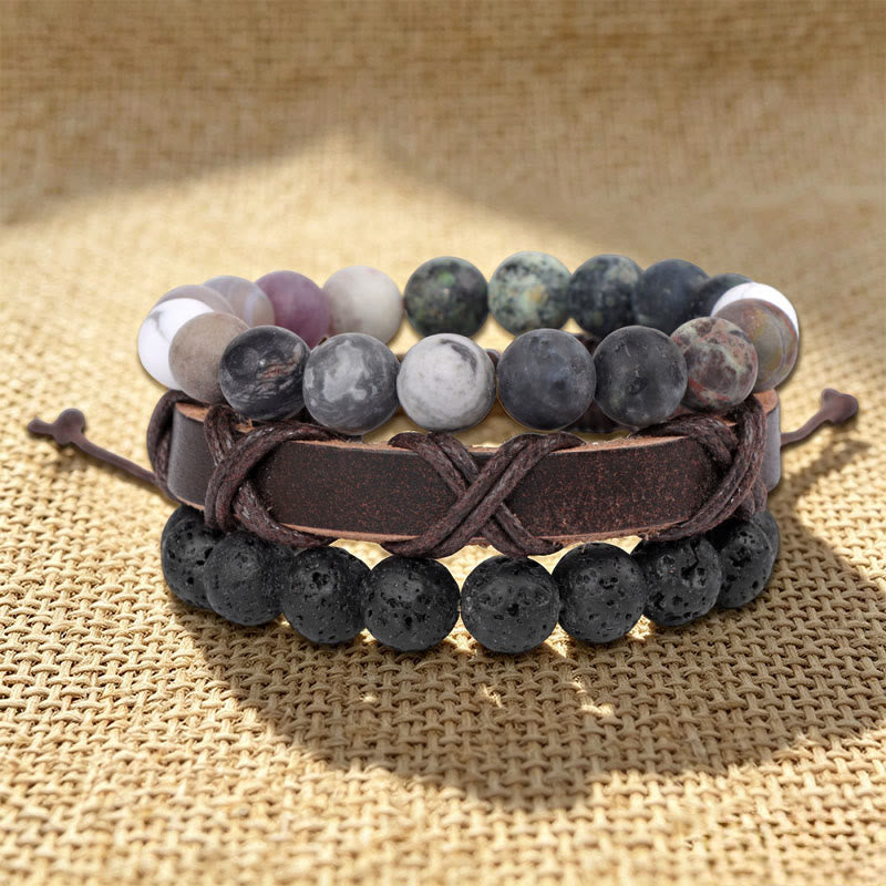 Bracelet ethnique bohème empilable multicouche Olivenorma fait main - Pierre de lave et jaspe gris - image 8