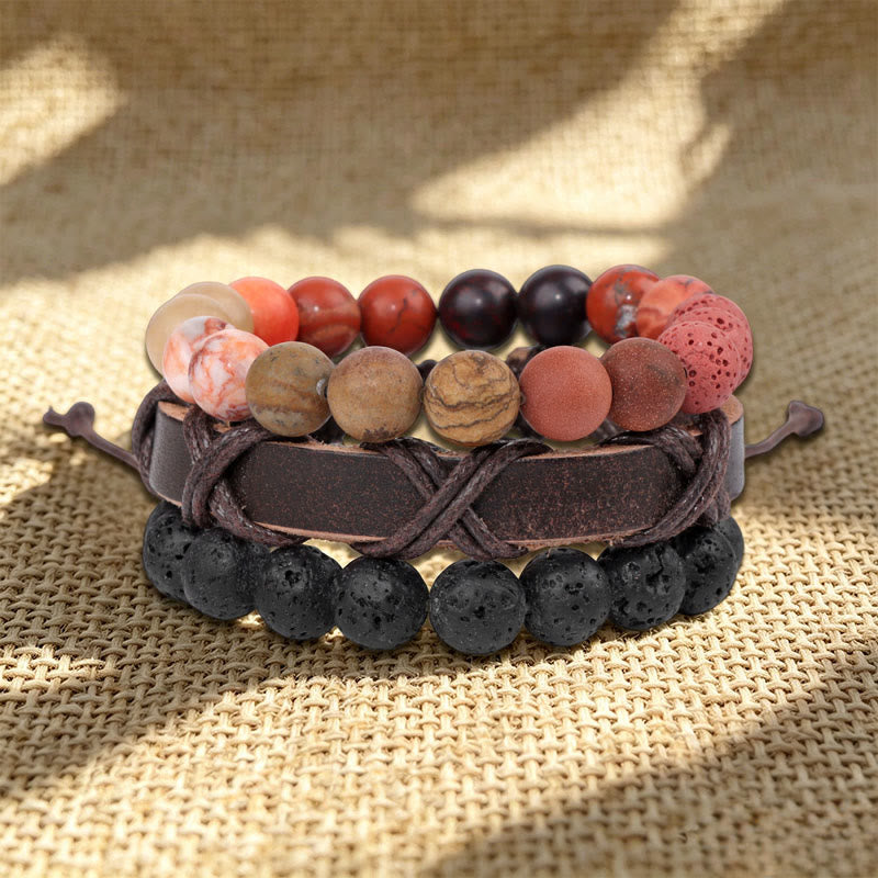 Bracelet ethnique bohème empilable multicouche Olivenorma fait main - Pierre de lave et jaspe paysage - image 3