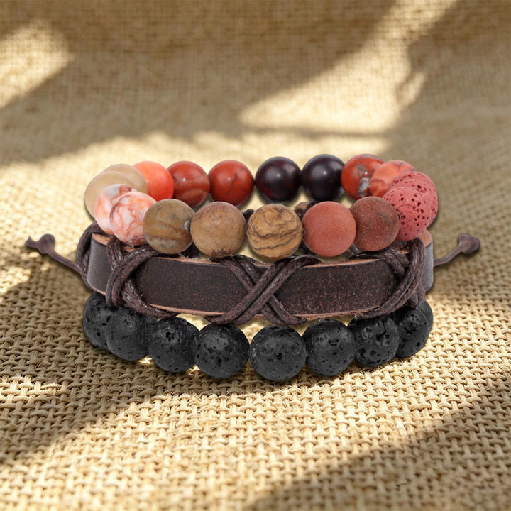 Bracelet ethnique bohème empilable multicouche Olivenorma fait main - Pierre de lave et jaspe paysage - image 3