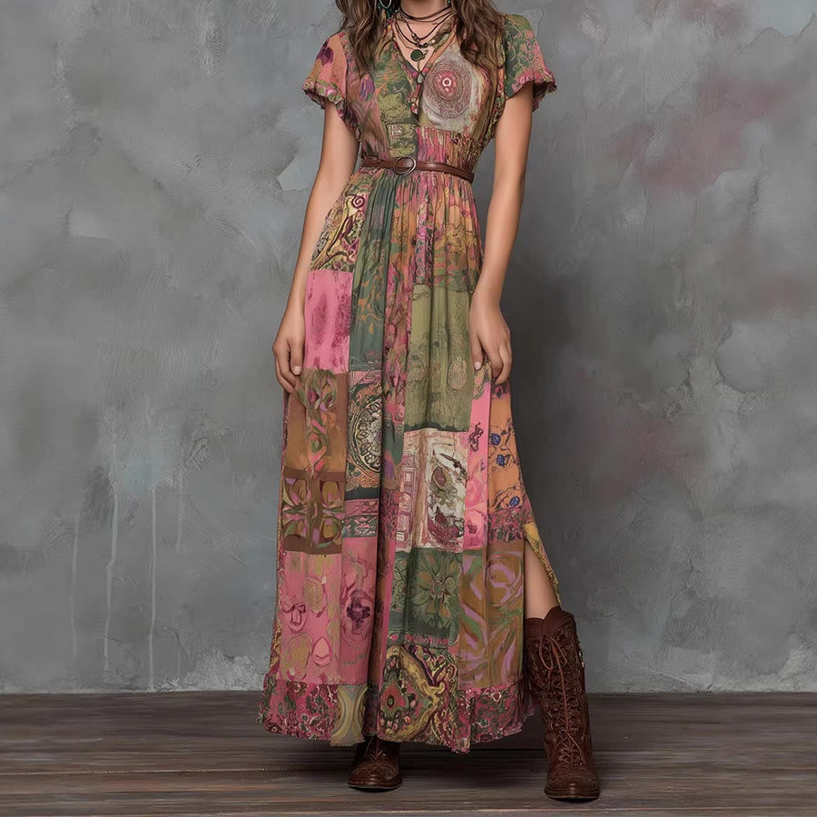 Robe longue Olivenorma pour femme, imprimée patchwork artistique, col en V, boutons sur le devant et manches à volants - Rose - 2XL - image 0
