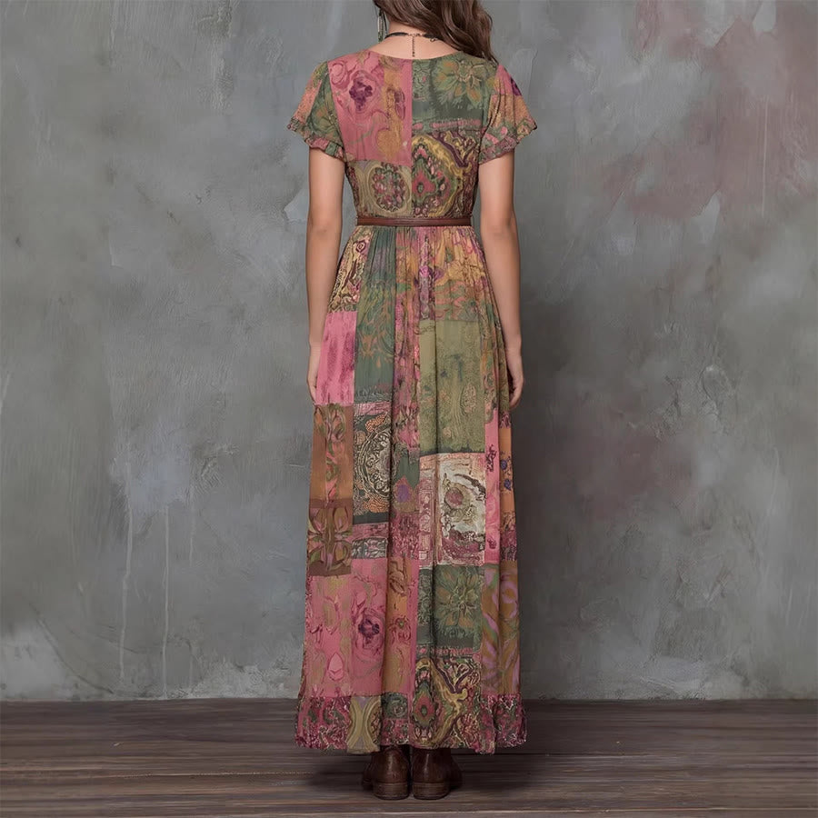 Robe longue Olivenorma pour femme, imprimée patchwork artistique, col en V, boutons sur le devant et manches à volants - image 3