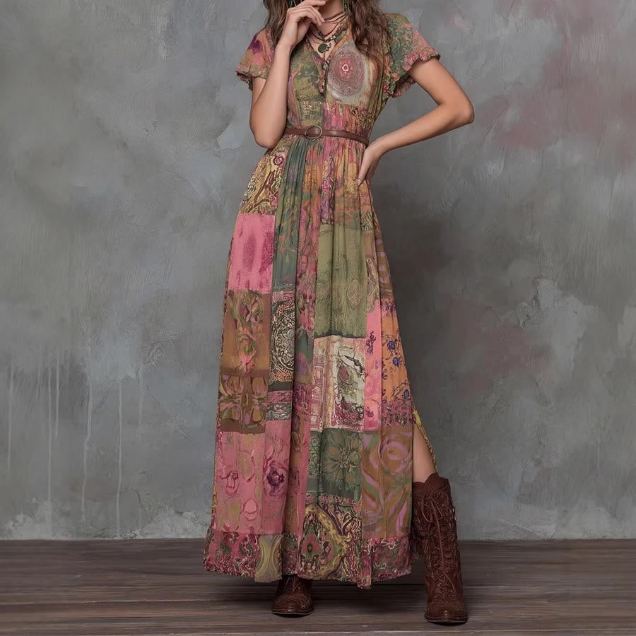 Robe longue Olivenorma pour femme, imprimée patchwork artistique, col en V, boutons sur le devant et manches à volants - image 1