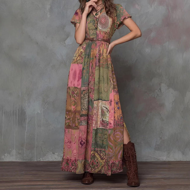 Robe longue Olivenorma pour femme, imprimée patchwork artistique, col en V, boutons sur le devant et manches à volants - image 1