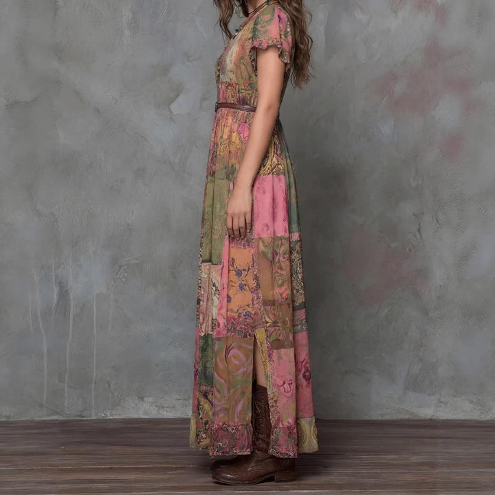 Robe longue Olivenorma pour femme, imprimée patchwork artistique, col en V, boutons sur le devant et manches à volants - image 2