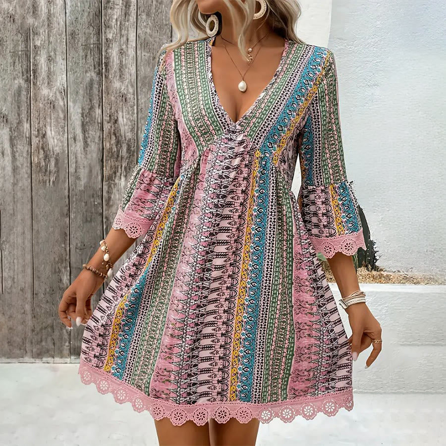 Robe Olivenorma pour femme, style trapèze, à rayures ethniques, ourlet en dentelle et manches évasées. - Pastel - XXL - image 4