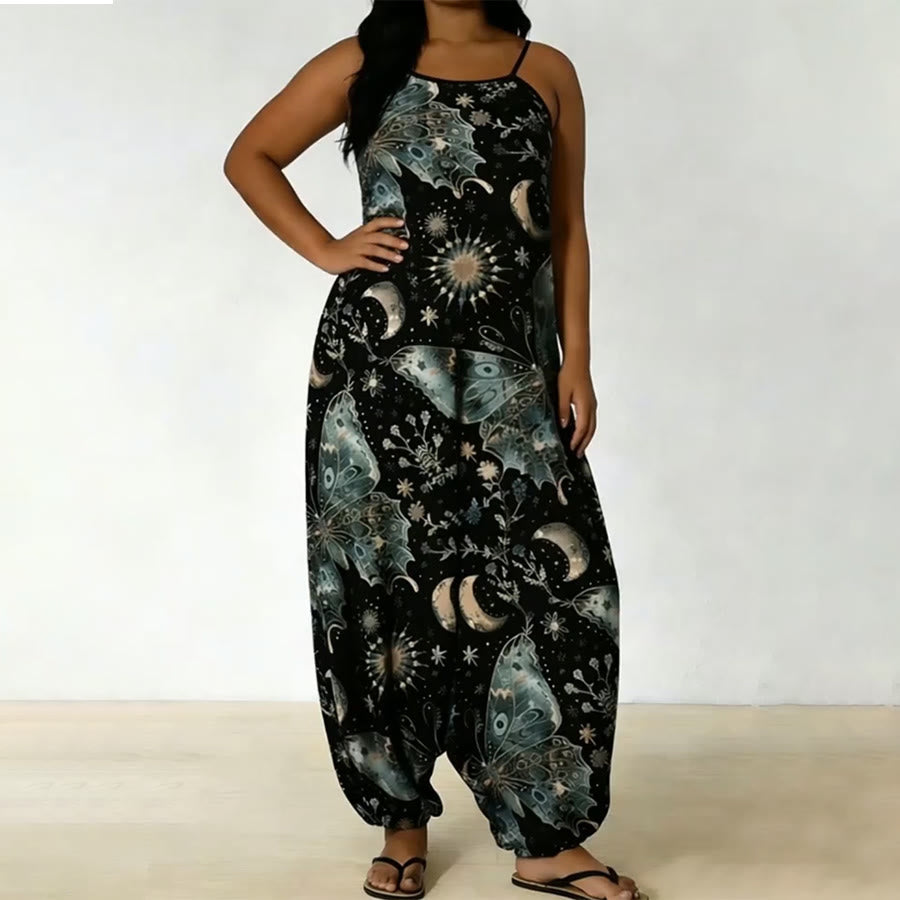 Ensemble pantalon harem ample à bretelles spaghetti et imprimé papillon céleste Olivenorma - Noir - 5XL - image 0