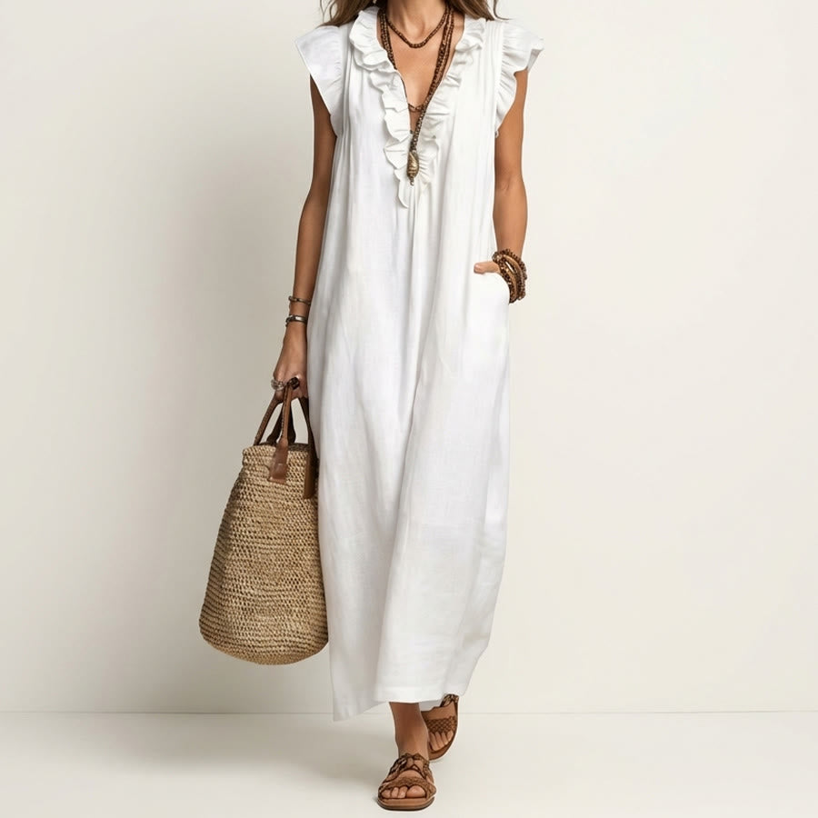 Robe longue Olivenorma pour femme, col en V, manches courtes à volants et taille froncée - Blanc - XXL - image 2