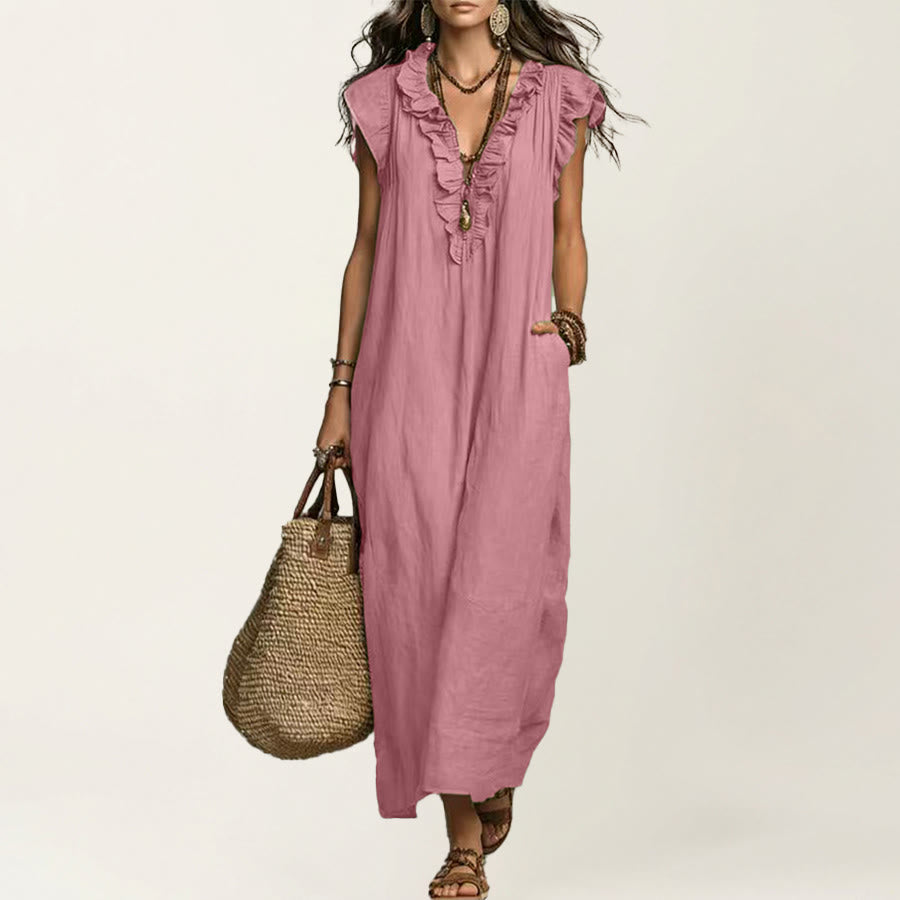 Robe longue Olivenorma pour femme, col en V, manches courtes à volants et taille froncée - Rose - XXL - image 19