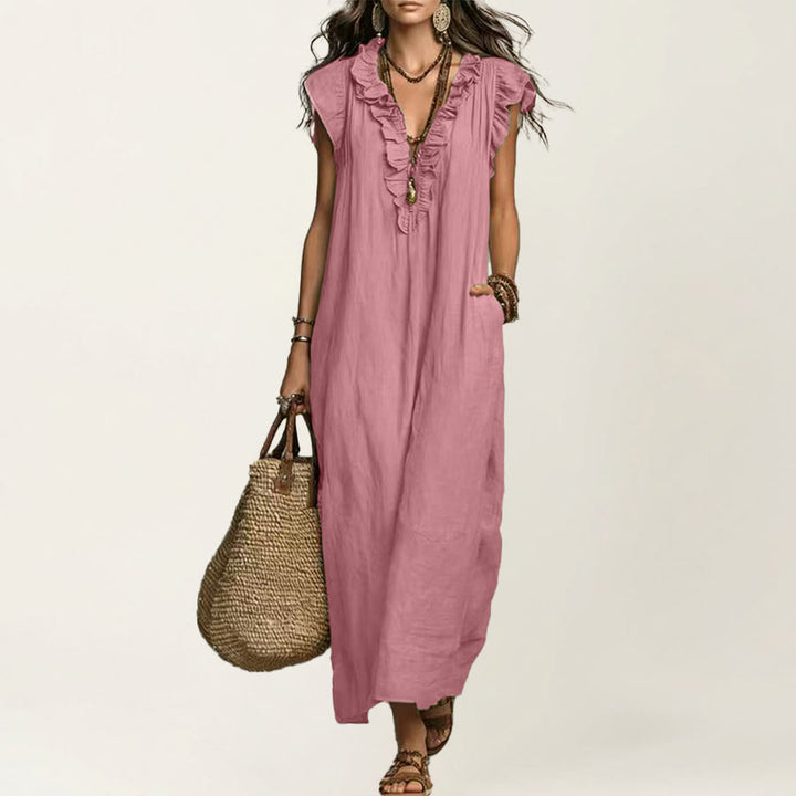 Robe longue Olivenorma pour femme, col en V, manches courtes à volants et taille froncée - Rose - XXL - image 19
