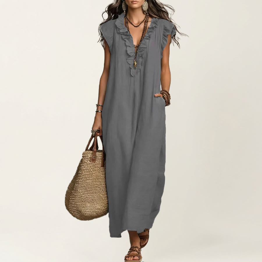 Robe longue Olivenorma pour femme, col en V, manches courtes à volants et taille froncée - Gris - XXL - image 12