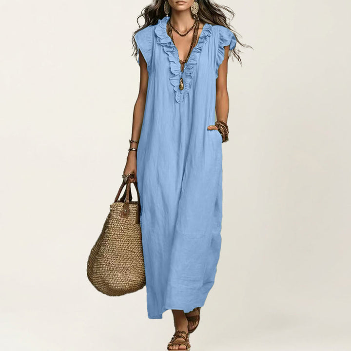 Robe longue Olivenorma pour femme, col en V, manches courtes à volants et taille froncée - Bleu clair - XXL - image 18