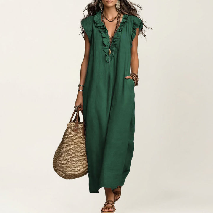 Robe longue Olivenorma pour femme, col en V, manches courtes à volants et taille froncée - Vert foncé - XXL - image 11