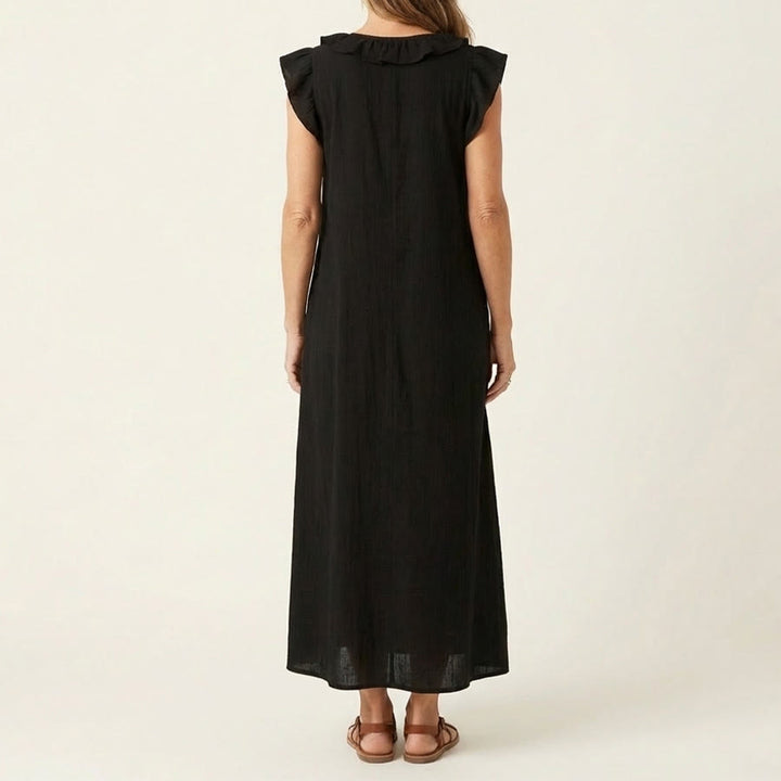 Robe longue Olivenorma pour femme, col en V, manches courtes à volants et taille froncée - image 1