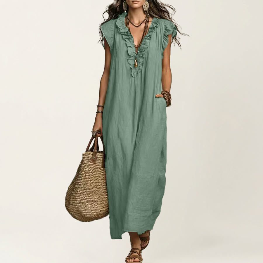 Robe longue Olivenorma pour femme, col en V, manches courtes à volants et taille froncée - Vert clair - XXL - image 20