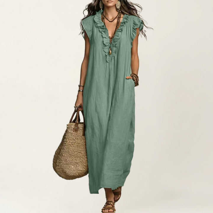 Robe longue Olivenorma pour femme, col en V, manches courtes à volants et taille froncée - Vert clair - XXL - image 20