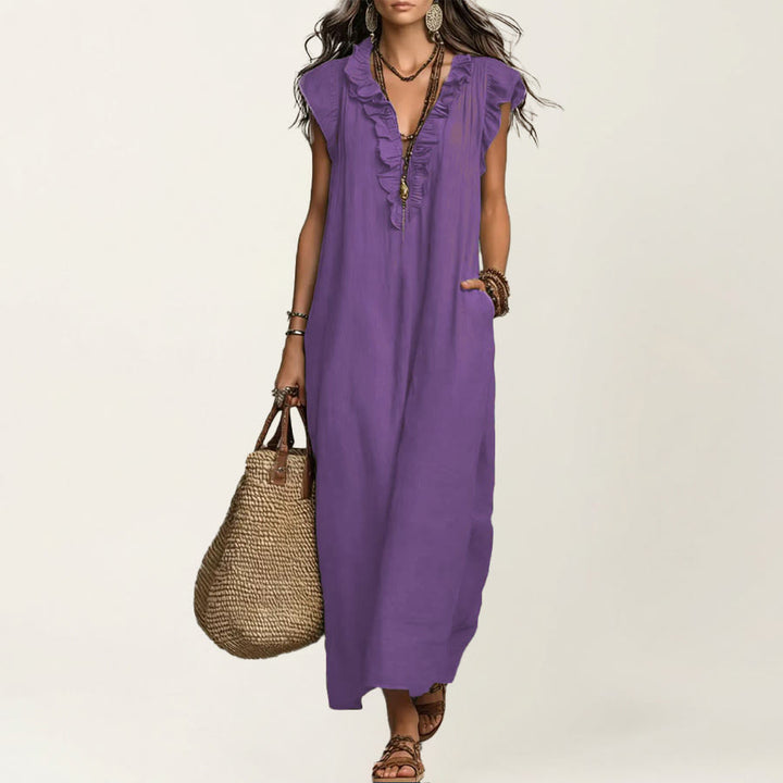 Robe longue Olivenorma pour femme, col en V, manches courtes à volants et taille froncée - Violet - XXL - image 10