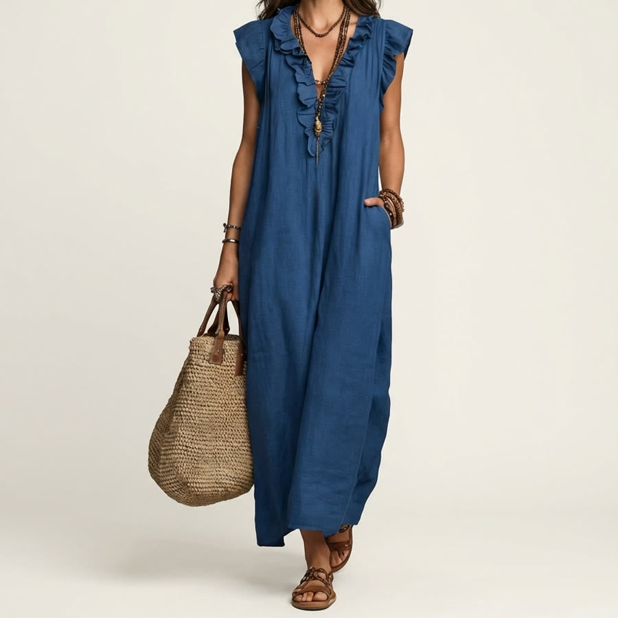 Robe longue Olivenorma pour femme, col en V, manches courtes à volants et taille froncée - Bleu marine - XXL - image 8