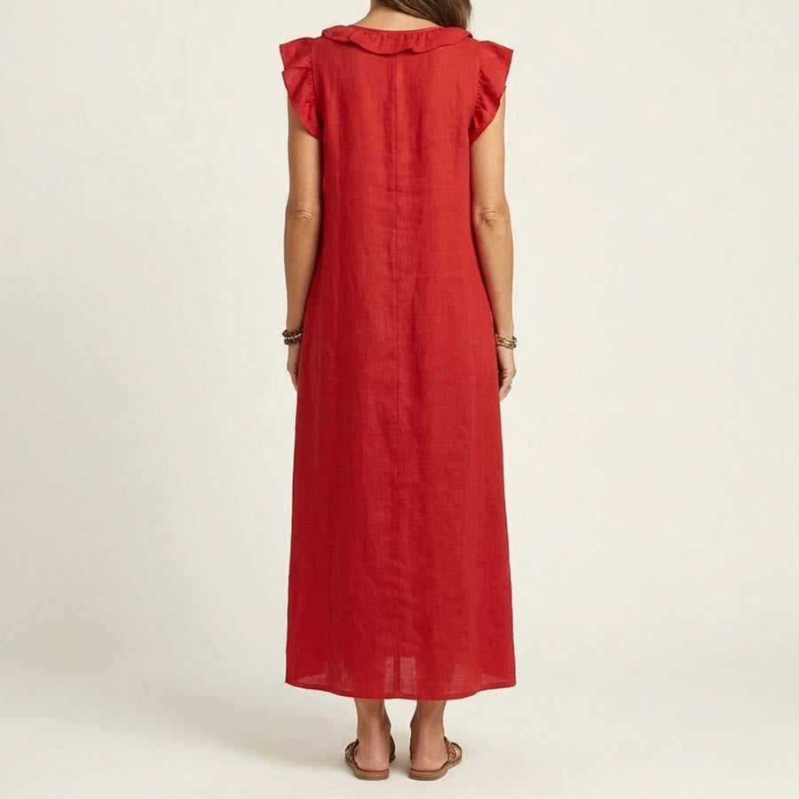 Robe longue Olivenorma pour femme, col en V, manches courtes à volants et taille froncée - image 5