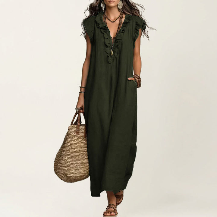 Robe longue Olivenorma pour femme, col en V, manches courtes à volants et taille froncée - Gris foncé - XXL - image 16