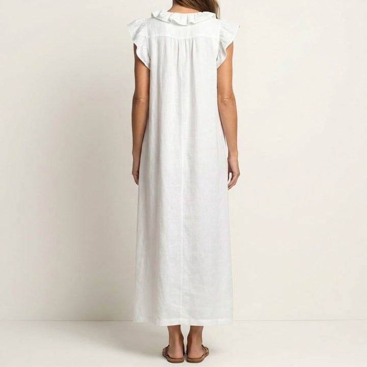 Robe longue Olivenorma pour femme, col en V, manches courtes à volants et taille froncée - image 3