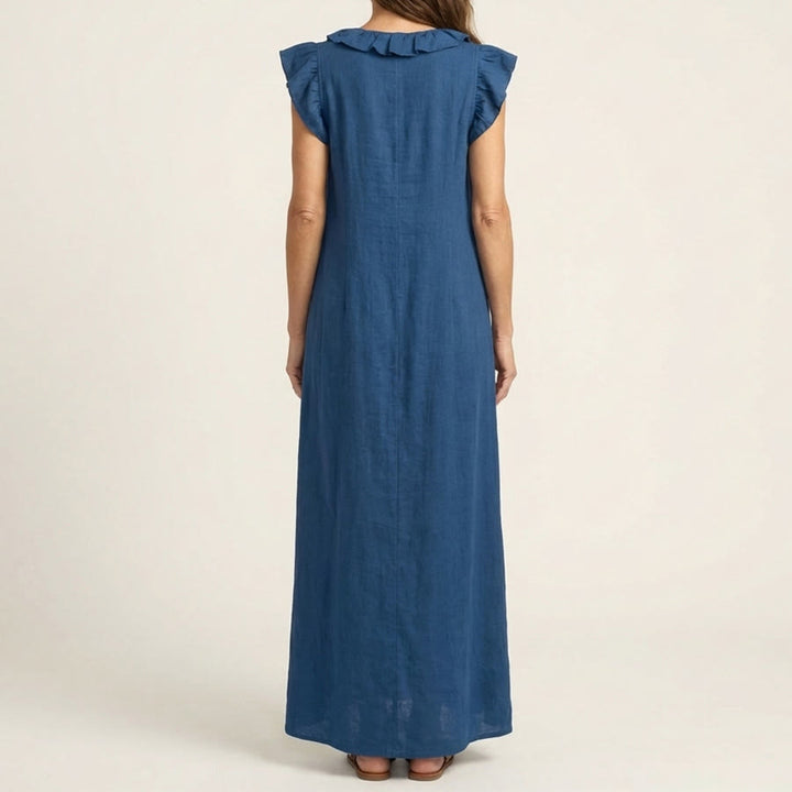 Robe longue Olivenorma pour femme, col en V, manches courtes à volants et taille froncée - image 9