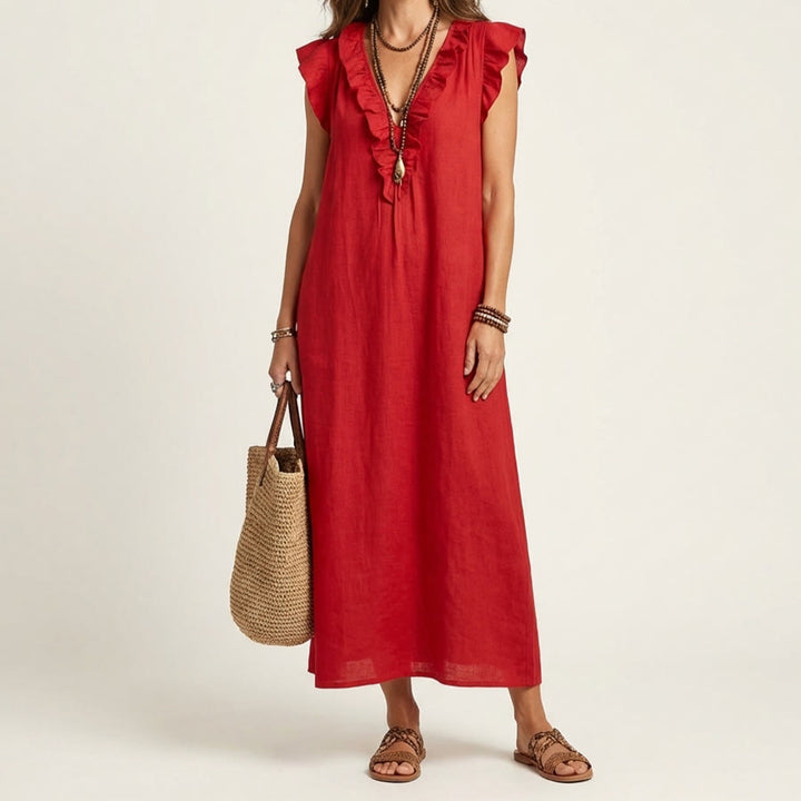 Robe longue Olivenorma pour femme, col en V, manches courtes à volants et taille froncée - Rouge - XXL - image 4