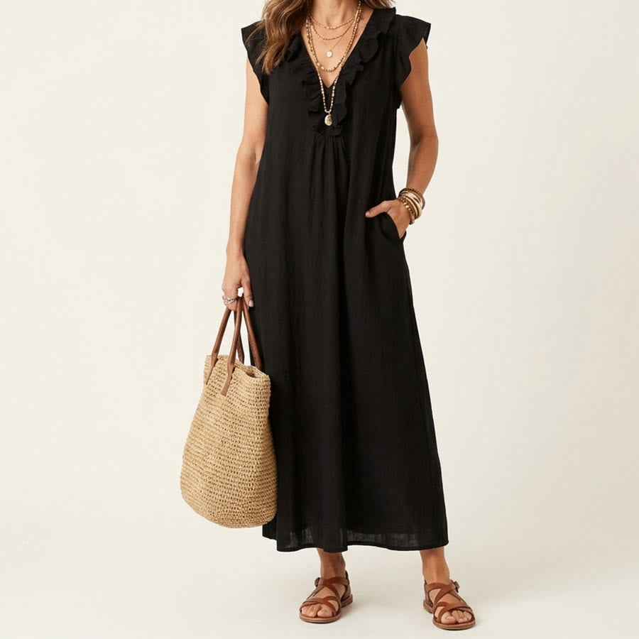 Robe longue Olivenorma pour femme, col en V, manches courtes à volants et taille froncée - Noir - XXL - image 0