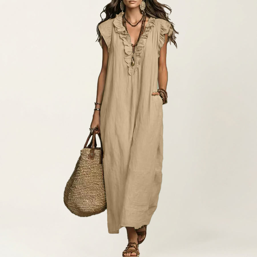 Robe longue Olivenorma pour femme, col en V, manches courtes à volants et taille froncée - Kaki - XXL - image 17