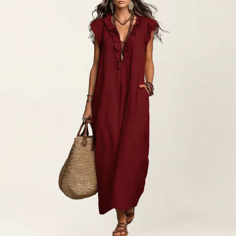 Robe longue Olivenorma pour femme, col en V, manches courtes à volants et taille froncée - Bourgogne - XXL - image 15
