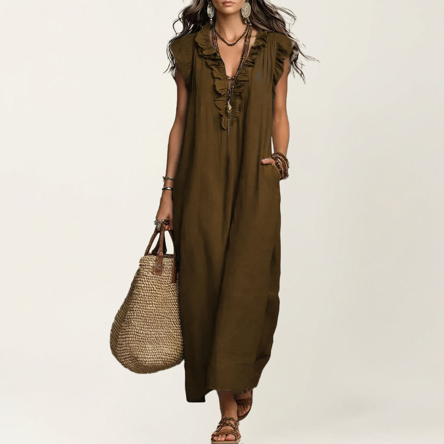 Robe longue Olivenorma pour femme, col en V, manches courtes à volants et taille froncée - Brun foncé - XXL - image 14