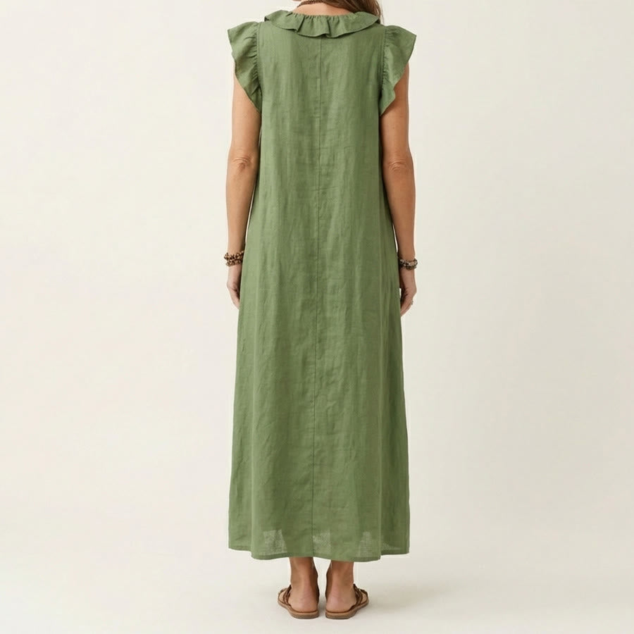 Robe longue Olivenorma pour femme, col en V, manches courtes à volants et taille froncée - image 7
