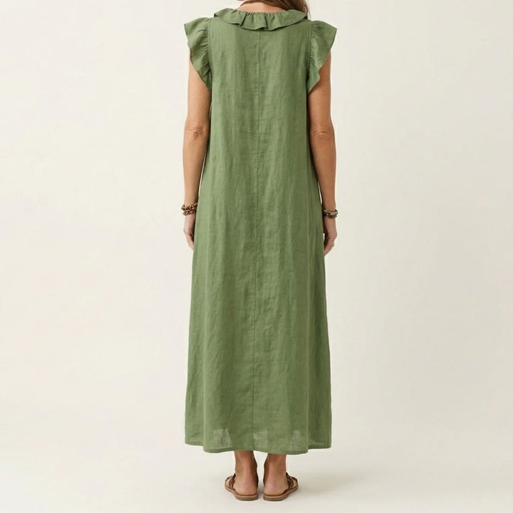Robe longue Olivenorma pour femme, col en V, manches courtes à volants et taille froncée - image 7