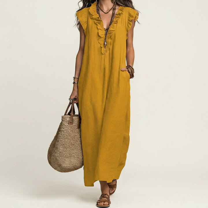 Robe longue Olivenorma pour femme, col en V, manches courtes à volants et taille froncée - Jaune - XXL - image 13