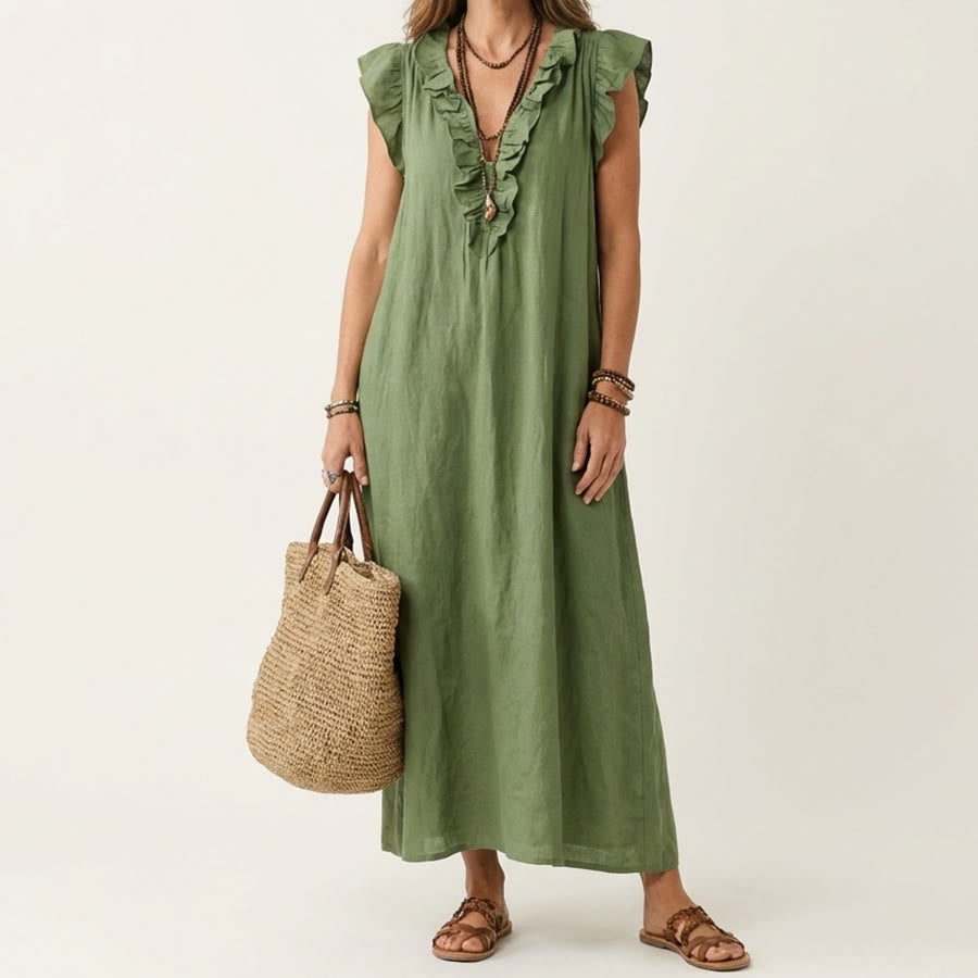 Robe longue Olivenorma pour femme, col en V, manches courtes à volants et taille froncée - Vert armée - XXL - image 6