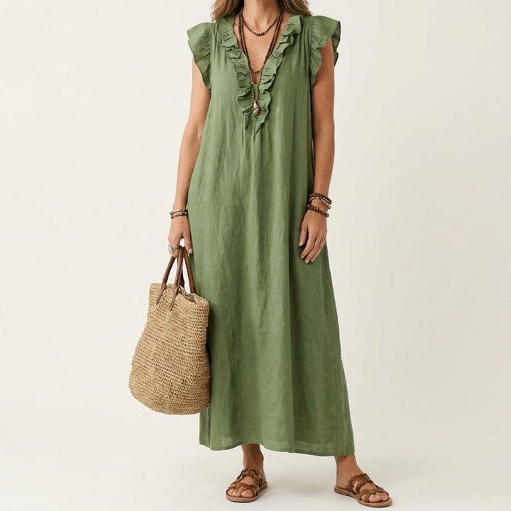 Robe longue Olivenorma pour femme, col en V, manches courtes à volants et taille froncée - Vert armée - XXL - image 6
