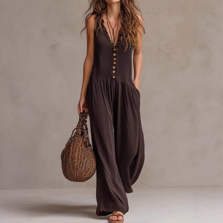 Ensemble Olivenorma pour femme, sans manches, à volants, col en V, boutonné sur le devant, jambes larges et décontractées - brun rougeâtre - XXXL - image 2