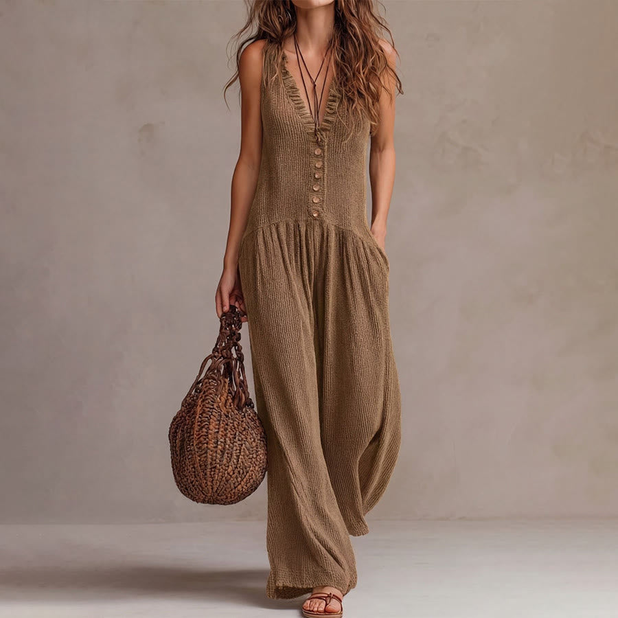 Ensemble Olivenorma pour femme, sans manches, à volants, col en V, boutonné sur le devant, jambes larges et décontractées - Kaki - XXXL - image 1
