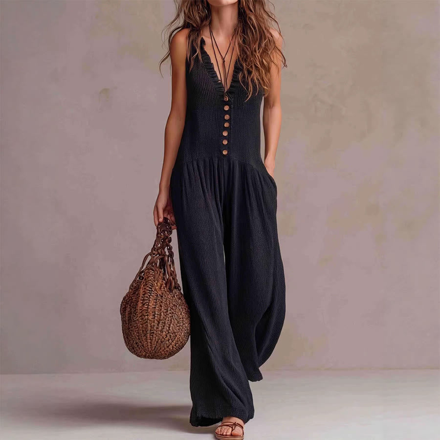 Ensemble Olivenorma pour femme, sans manches, à volants, col en V, boutonné sur le devant, jambes larges et décontractées - Noir - XXXL - image 4