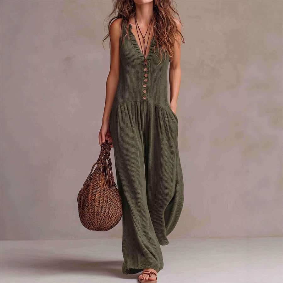 Ensemble Olivenorma pour femme, sans manches, à volants, col en V, boutonné sur le devant, jambes larges et décontractées - Vert armée - XXXL - image 0