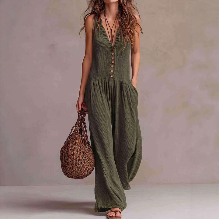 Ensemble Olivenorma pour femme, sans manches, à volants, col en V, boutonné sur le devant, jambes larges et décontractées - Vert armée - XXXL - image 0