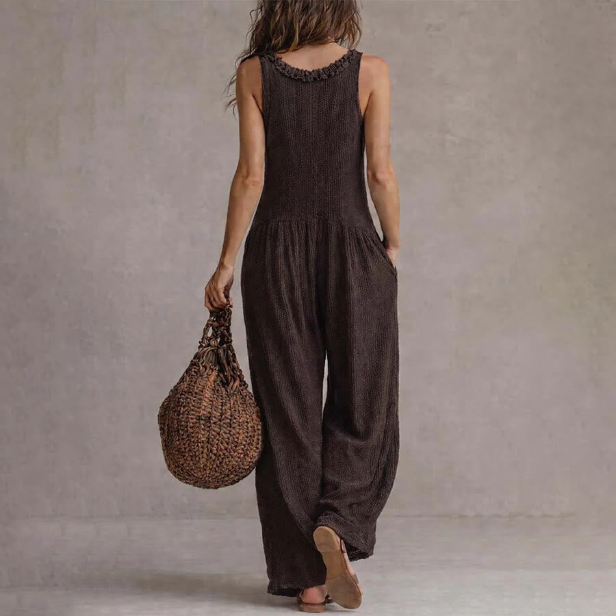 Ensemble Olivenorma pour femme, sans manches, à volants, col en V, boutonné sur le devant, jambes larges et décontractées - image 3