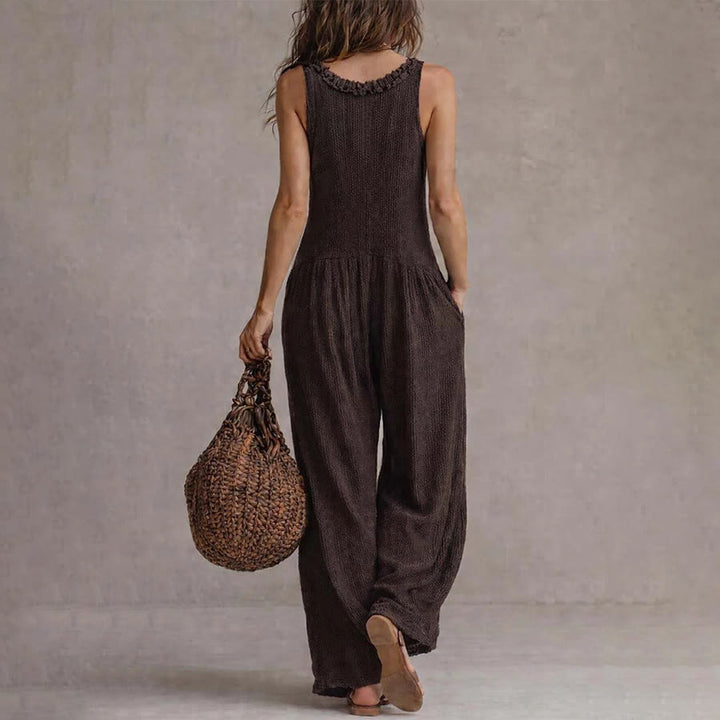 Ensemble Olivenorma pour femme, sans manches, à volants, col en V, boutonné sur le devant, jambes larges et décontractées - image 3