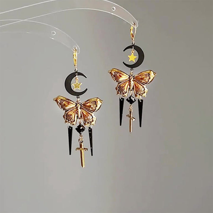 Boucles d'oreilles Olivenorma gothiques mystiques papillon lune épée à pompons superposés - image 1
