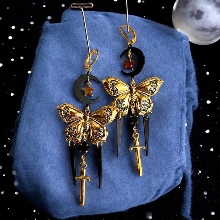 Boucles d'oreilles Olivenorma gothiques mystiques papillon lune épée à pompons superposés - image 3