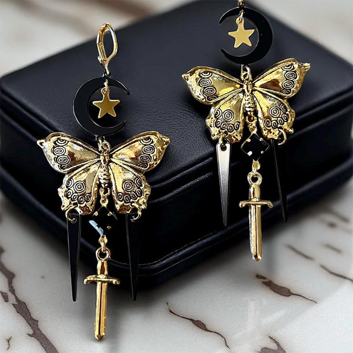 Boucles d'oreilles Olivenorma gothiques mystiques papillon lune épée à pompons superposés - image 2